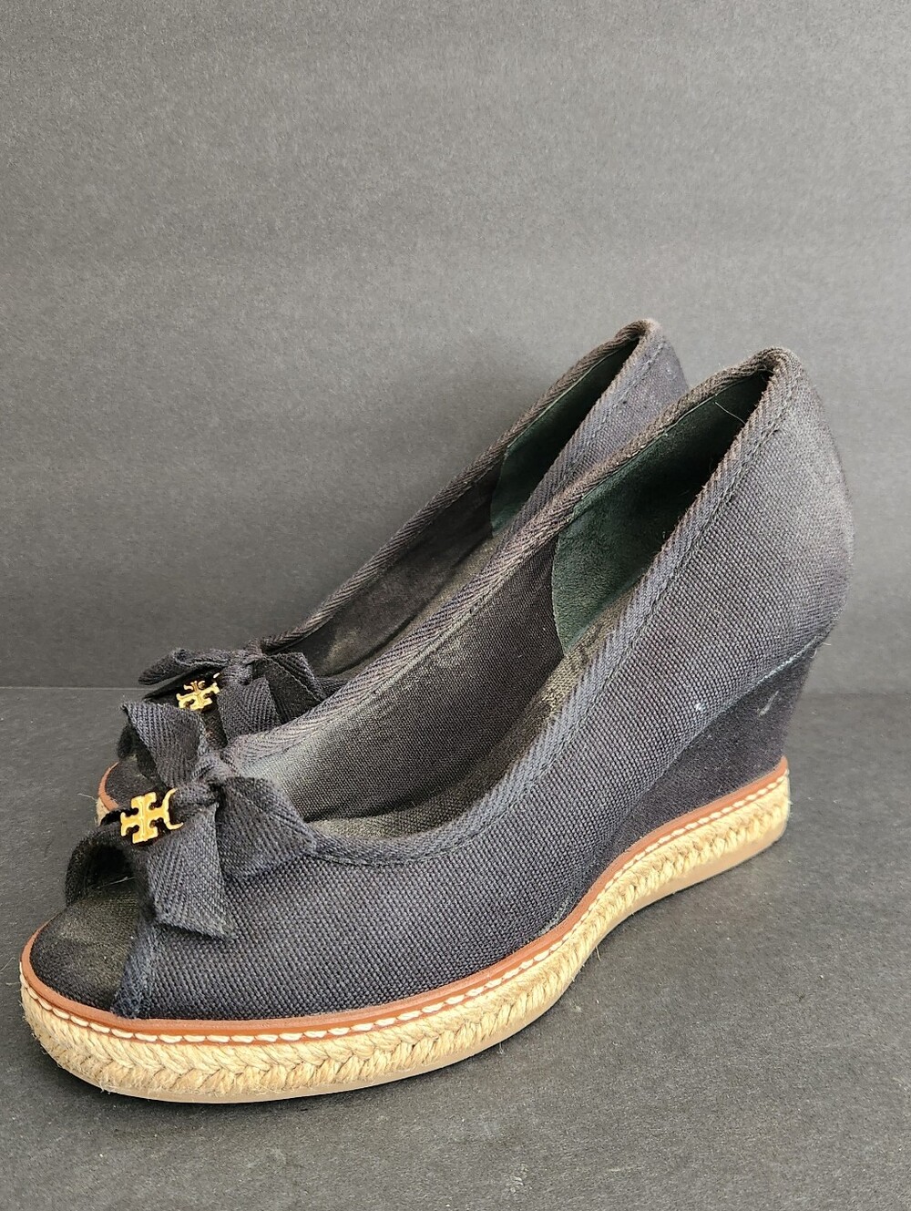 Tory Burch Black Canvas Bow Gold Reva Platform Espadrille Wedges Size 6.5M
